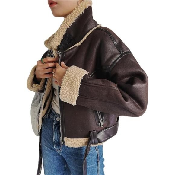 Winter Women’s Faux Lamb Sherpa Aviator Bomber Jacket – Vintage Cropped Coat - Picture 2 of 7